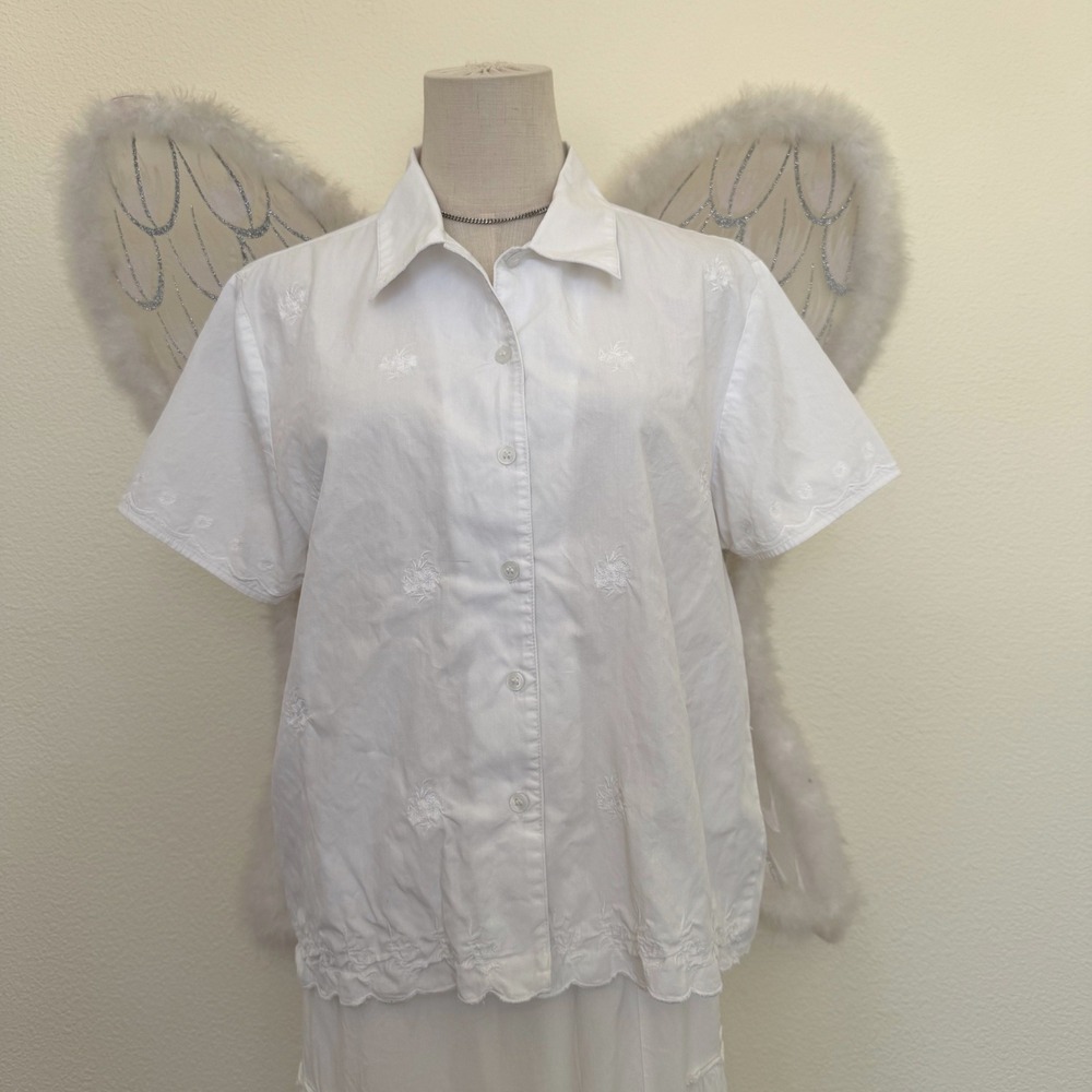 Cottagecore White‎ Cotton Embroidered Scalloped Hem Button Up Shirt Momcore 90s